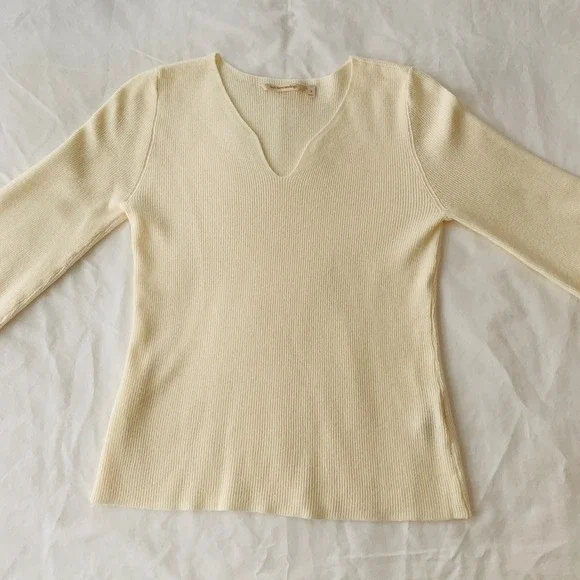Soft Surroundings Sweater Cream Ribbed Knit Balloon Sleeve Notch Neck / Size S - Picture 8 of 11